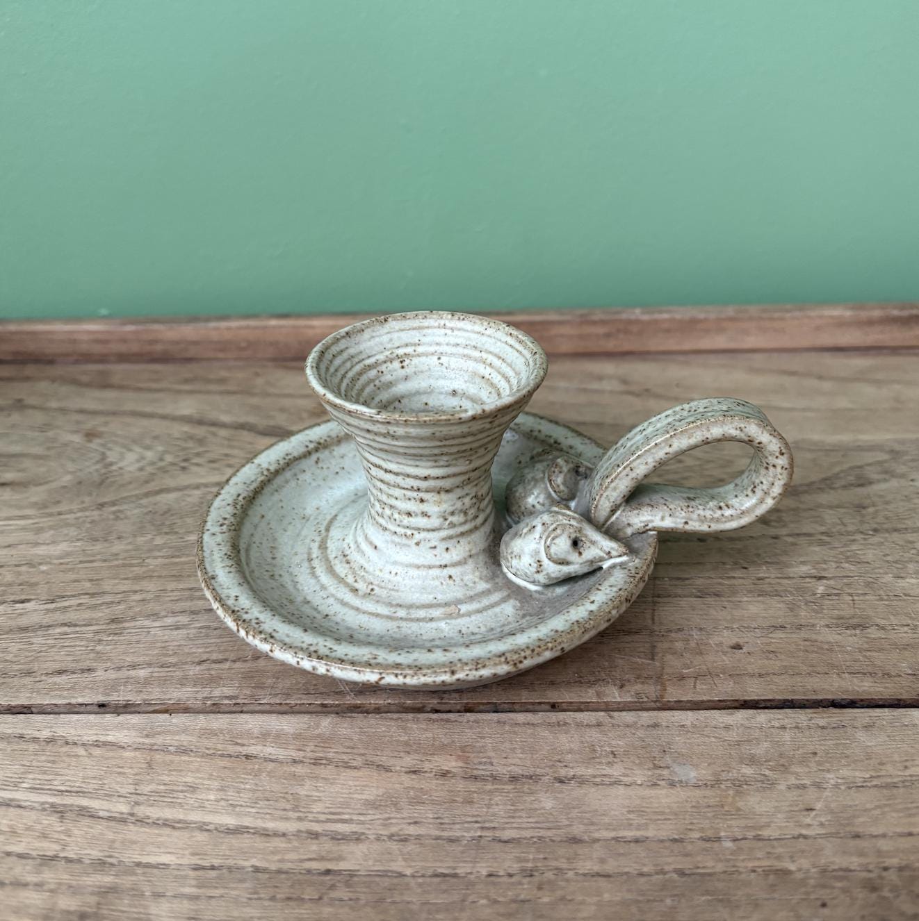 Stoneware Glazed Candle Holder | Chamber Stick Featuring Mice