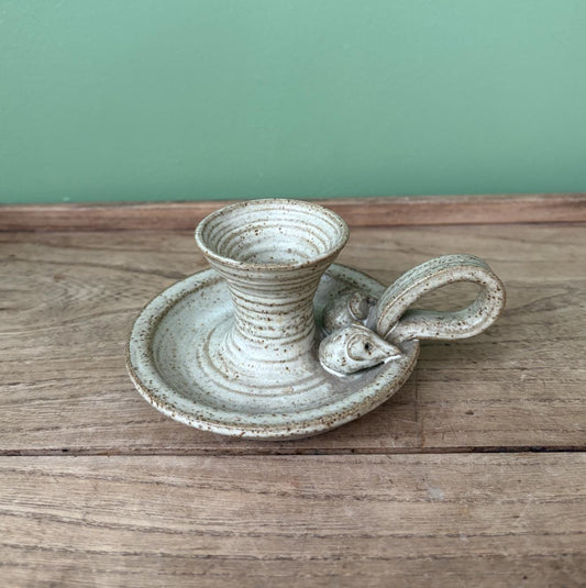 Stoneware Glazed Candle Holder | Chamber Stick Featuring Mice
