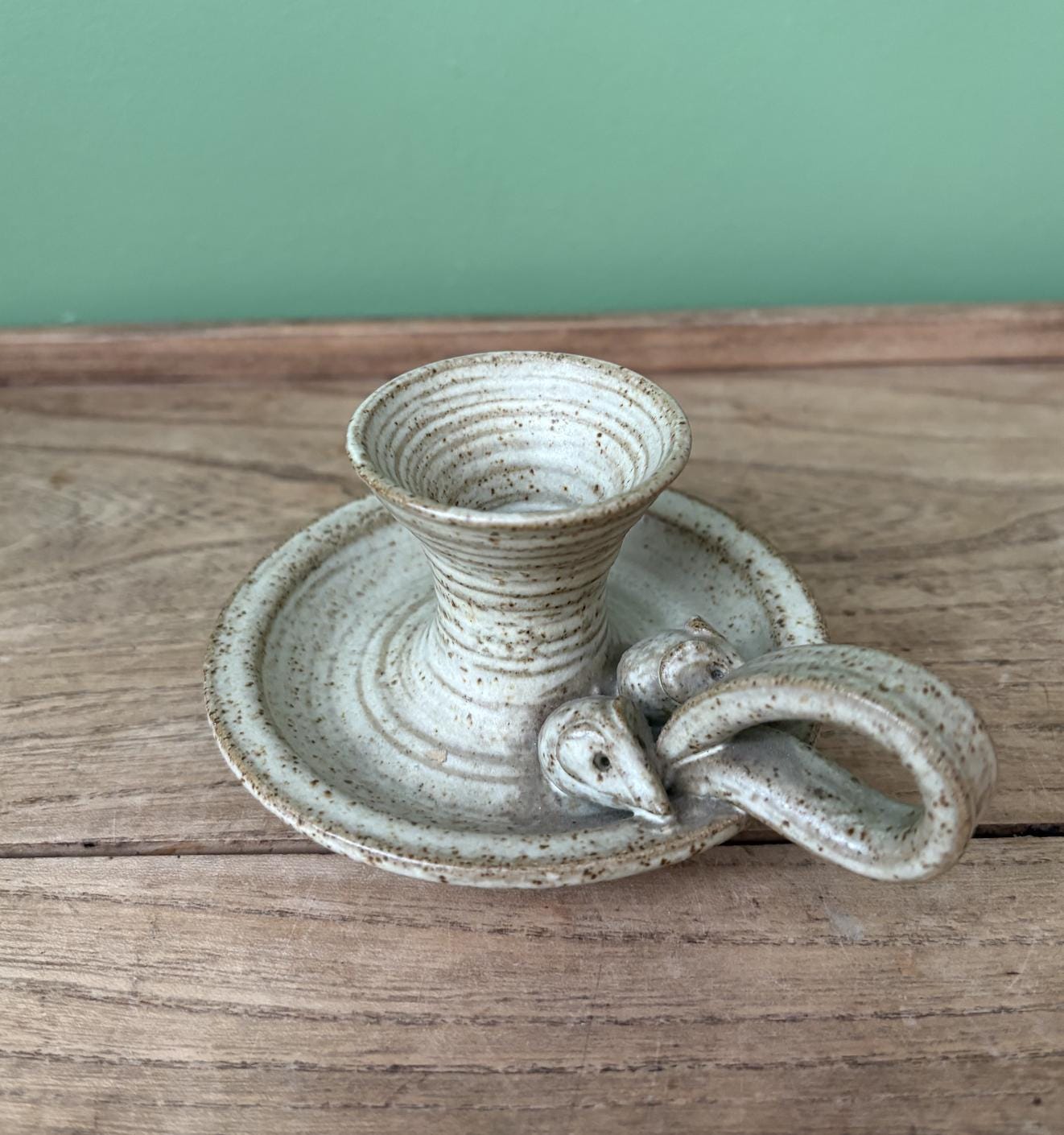 Stoneware Glazed Candle Holder | Chamber Stick Featuring Mice